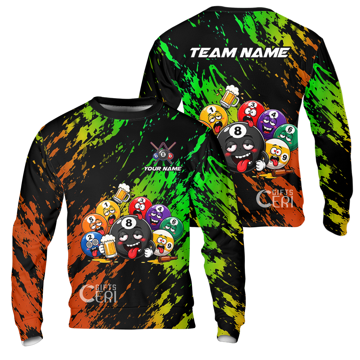 Customized 8 And 9 Ball Pool Sweatshirt Drunk 8 Ball Holding Beer Billiard Jerseys Custom Name And Team Name