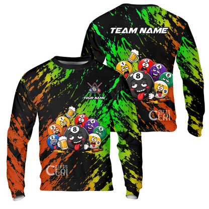 Customized 8 And 9 Ball Pool Sweatshirt Drunk 8 Ball Holding Beer Billiard Jerseys Custom Name And Team Name