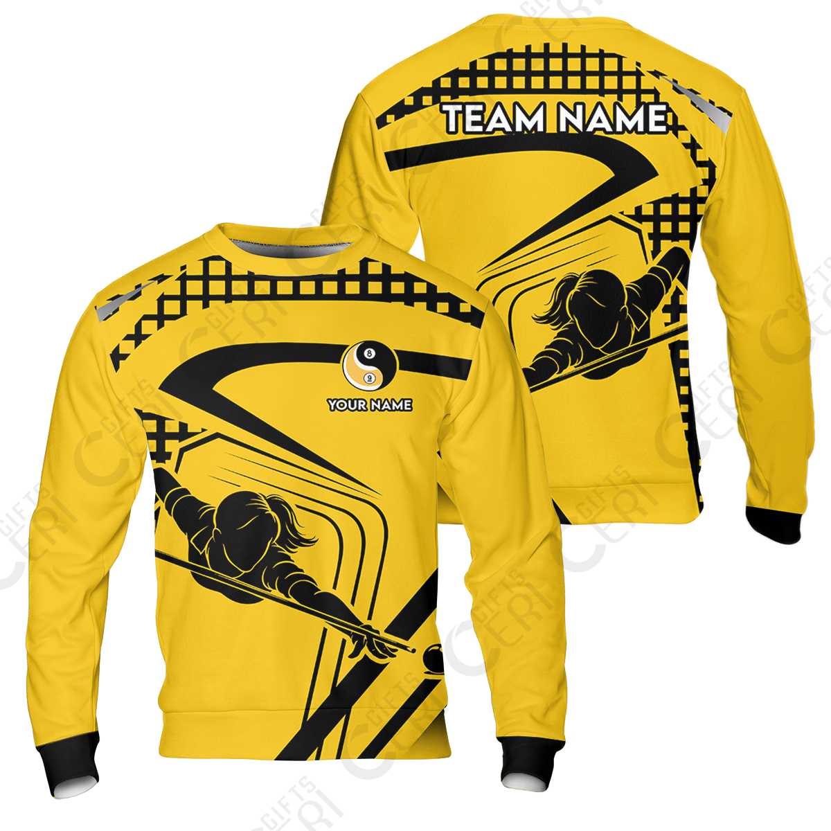 Customized Billiards Sweatshirt, Personalized Yellow Slash Yin Yang 8 9 Ball Jersey Gift For Billiard Players