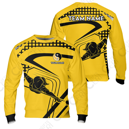 Customized Billiards Sweatshirt, Personalized Yellow Slash Yin Yang 8 9 Ball Jersey Gift For Billiard Players