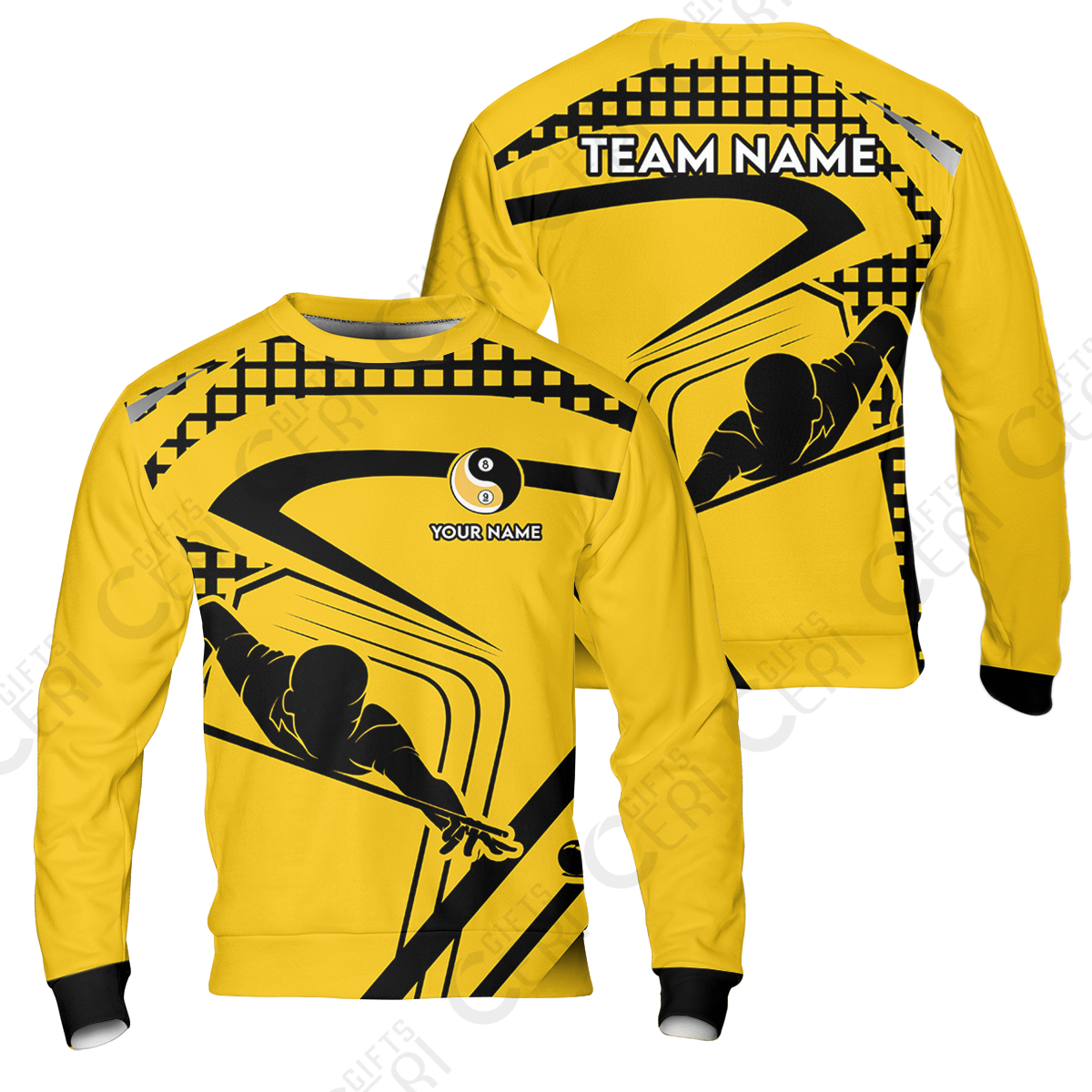 Customized Billiards Sweatshirt, Personalized Yellow Slash Yin Yang 8 9 Ball Jersey Gift For Billiard Players