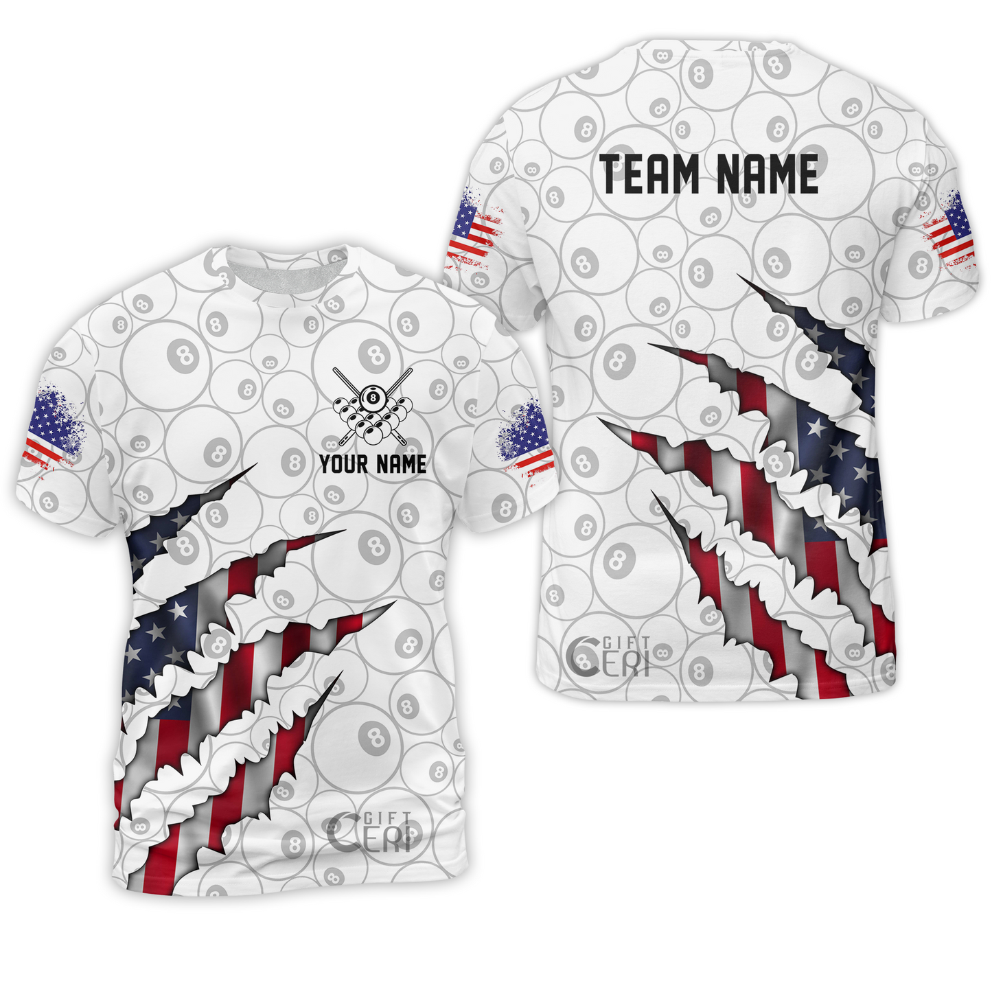 Customized Billiards T-Shirt, Personalized American Flag Scratch 8 Ball Jersey Gift For Billiard Players