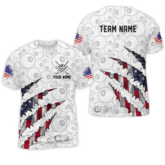 Customized Billiards T-Shirt, Personalized American Flag Scratch 8 Ball Jersey Gift For Billiard Players