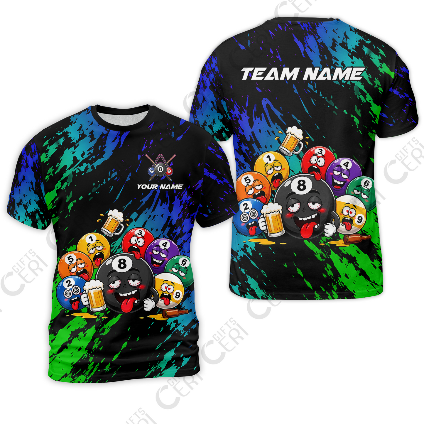 Customized 8 And 9 Ball Pool T-Shirt Drunk 8 Ball Holding Beer Billiard Jerseys Custom Name And Team Name