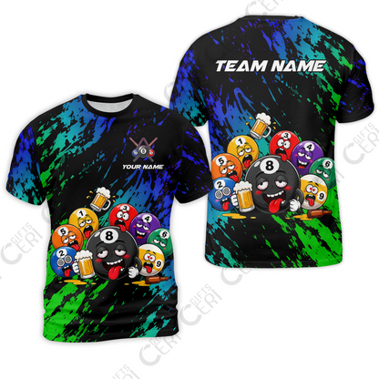 Customized 8 And 9 Ball Pool T-Shirt Drunk 8 Ball Holding Beer Billiard Jerseys Custom Name And Team Name