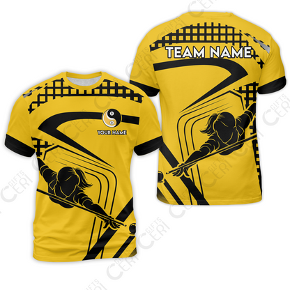 Customized Billiards T-Shirt, Personalized Yellow Slash Yin Yang 8 9 Ball Jersey Gift For Billiard Players