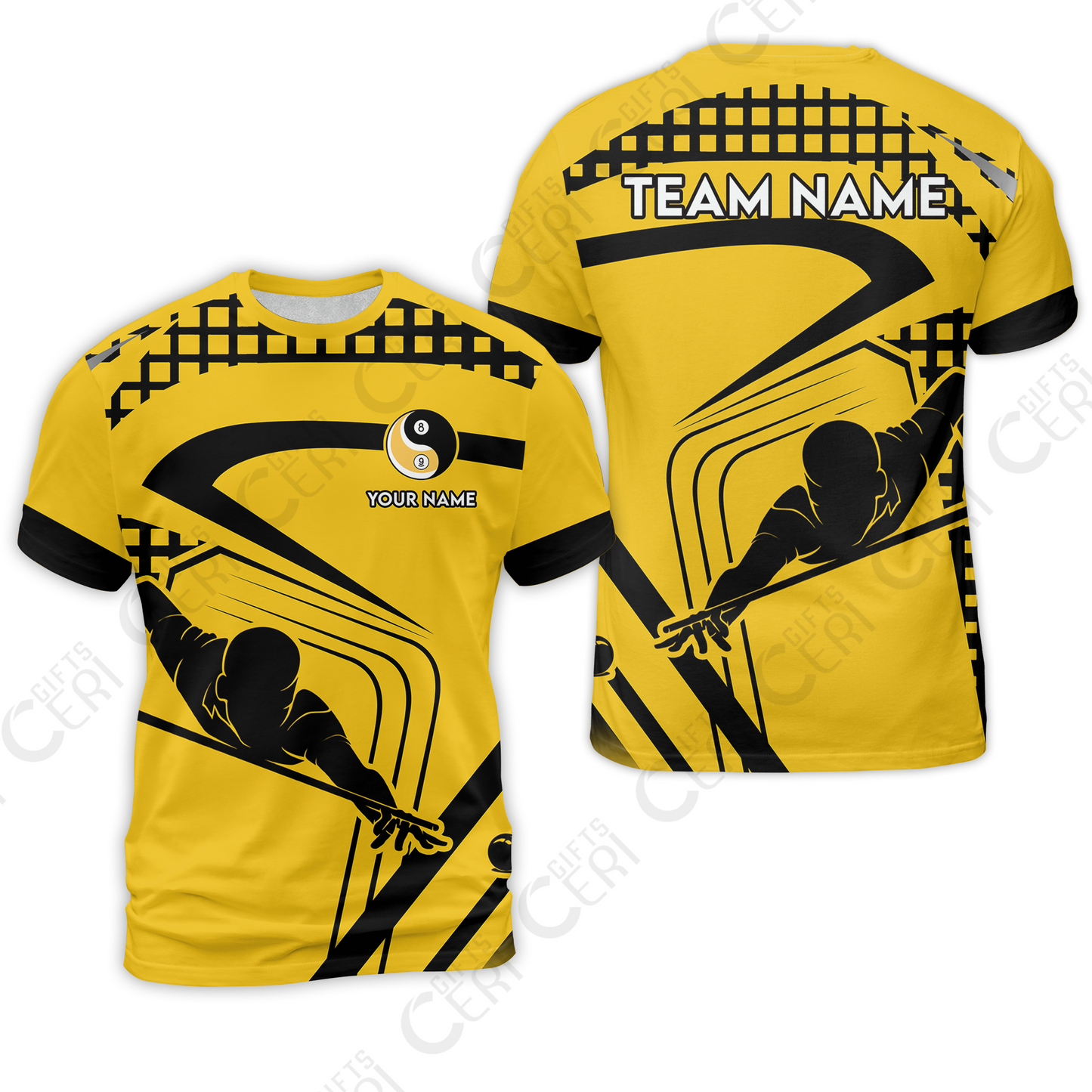 Customized Billiards T-Shirt, Personalized Yellow Slash Yin Yang 8 9 Ball Jersey Gift For Billiard Players