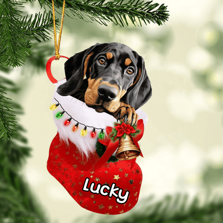 Personalized Black and Tan Coonhound in Christmas Stocking Acrylic Ornament, Christmas Gifts Ornament for Dog Lover