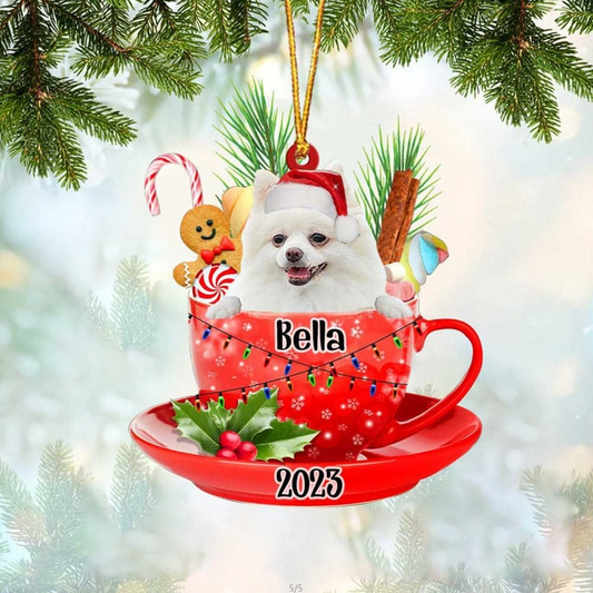 Customized White Pomeranian In Red Cup Acrylic Ornament, Personalized Ornament Gifts For Christmas Dog Mom