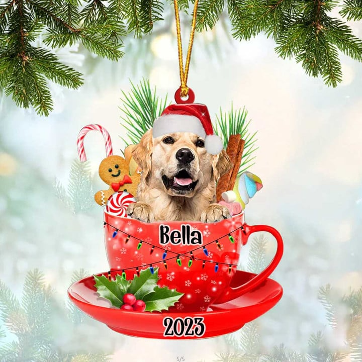 Customized Cute Golden Retriever Dog Santa Hat In Red Cup Acrylic Ornament, Christmas Gifts Ornament for Dog Lover