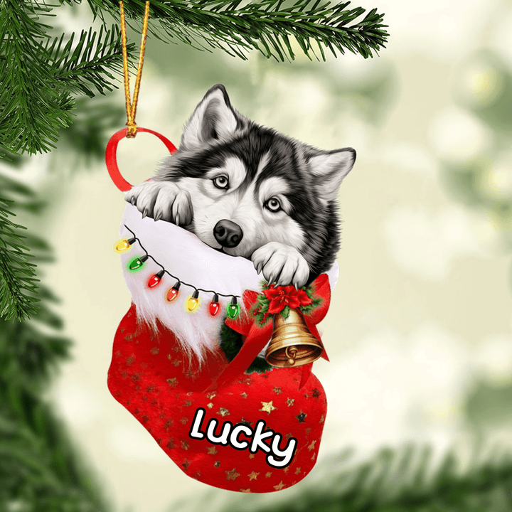 Custom Name Alaskan Malamute Dog in Christmas Stocking Acrylic Ornament, Christmas Gifts Ornament for Dog Lover