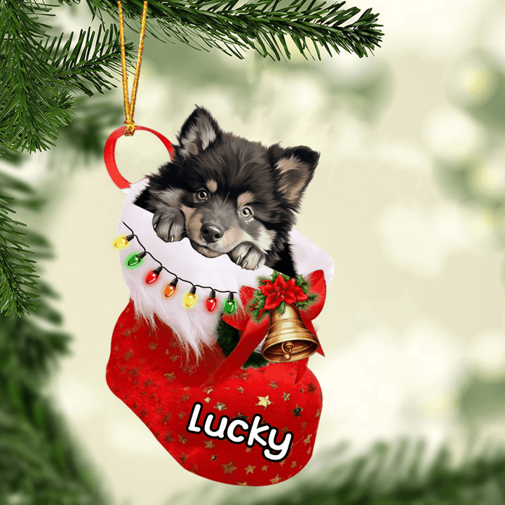 Customized Finnish Lapphund Dog In Christmas Stocking Acrylic Ornament, Christmas Gifts Ornament for Dog Lover