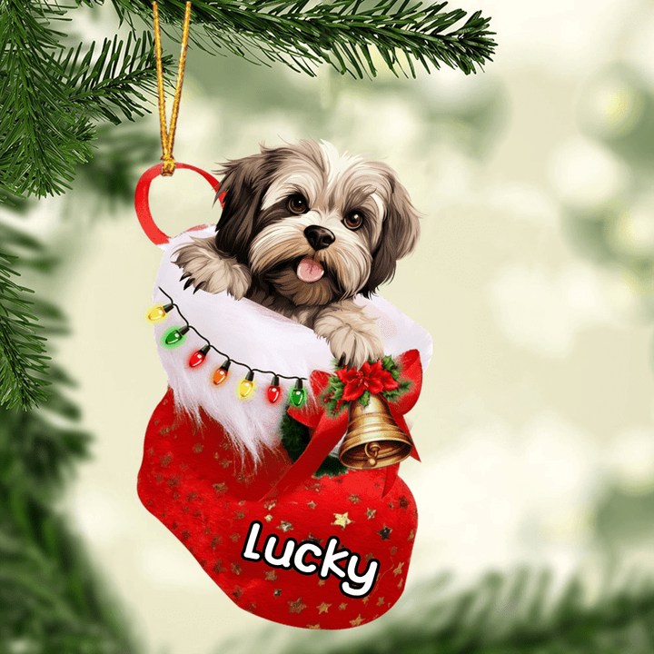 Customized Lhasa Apso Dog In Christmas Stocking Acrylic Ornament, Christmas Gifts Ornament for Dog Lover