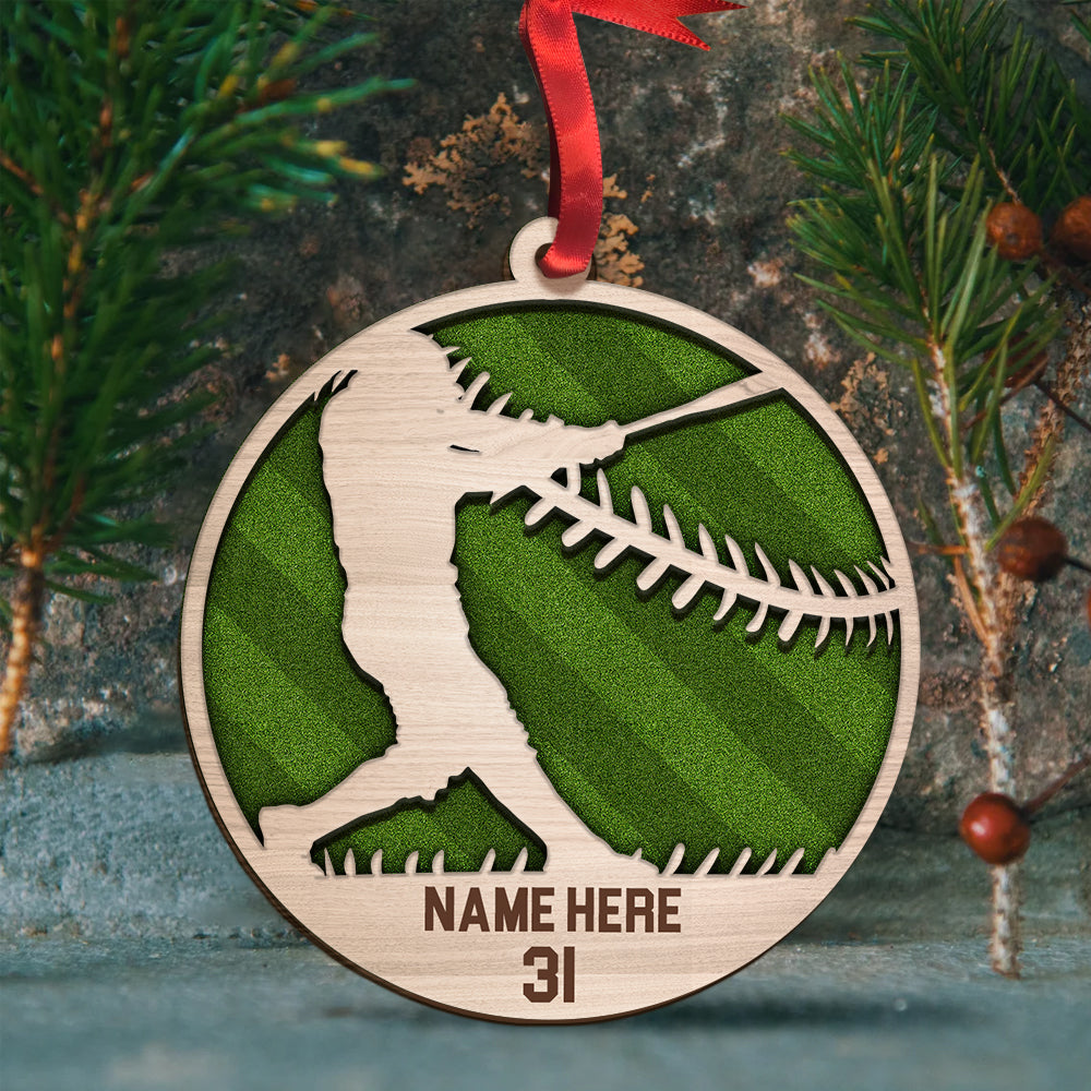 Personalized Baseball Player In Action Double Layered Wood Ornament, Custom Christmas Ornament Gift For Son, Daughter