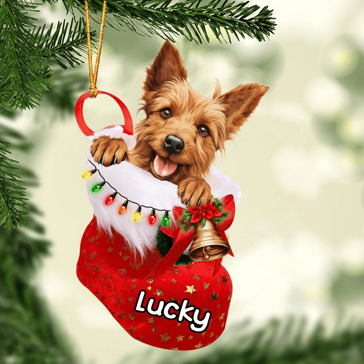 Personalized Australian Terrier in Christmas Stocking Acrylic Ornament, Christmas Gifts Ornament for Dog Lover