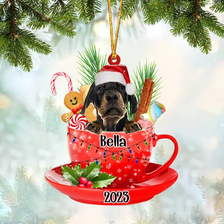 Customized Cute Dobermann Pinscher Dog Santa Hat In Red Cup Acrylic Ornament, Christmas Gifts Ornament for Dog Lover