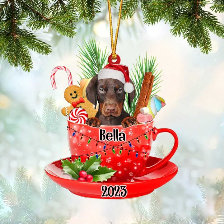 Customized Dobermann Dog Santa Hat In Red Cup Acrylic Ornament, Christmas Gifts Ornament for Dog Lover