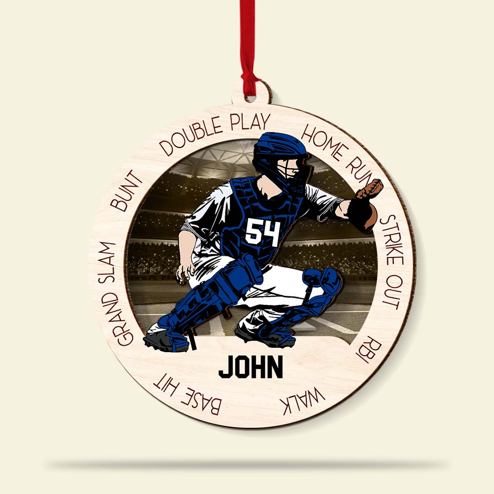 Personalized Baseball Man Player Pose Double Layered Wood Ornament, Custom Christmas Ornament Gifts For Baseball Player