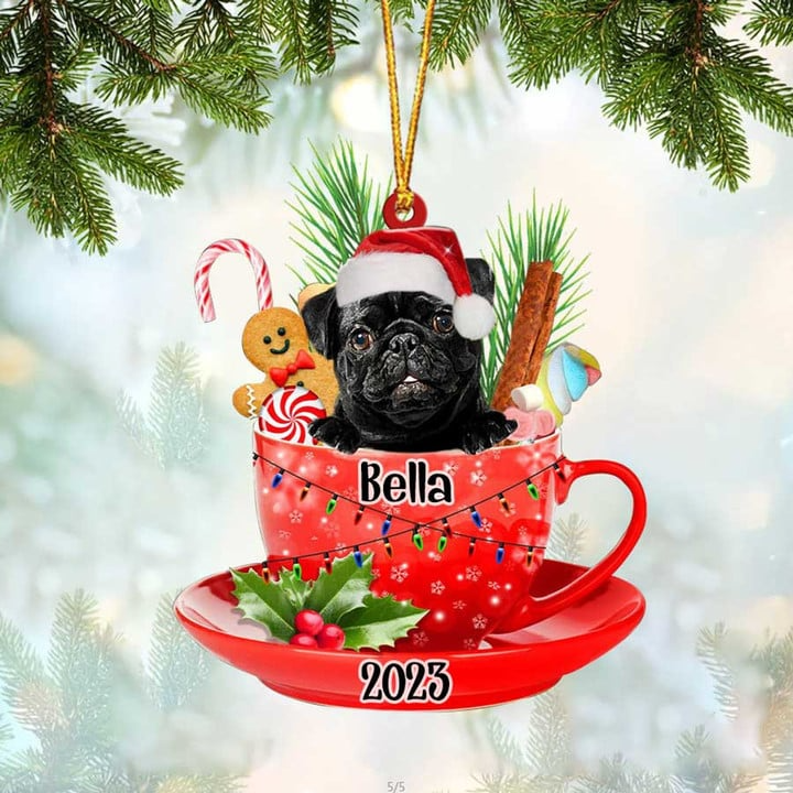 Customized Black Pug Dog In Cup Acrylic Ornament, Personalized Ornament Gifts For Christmas Dog Mom