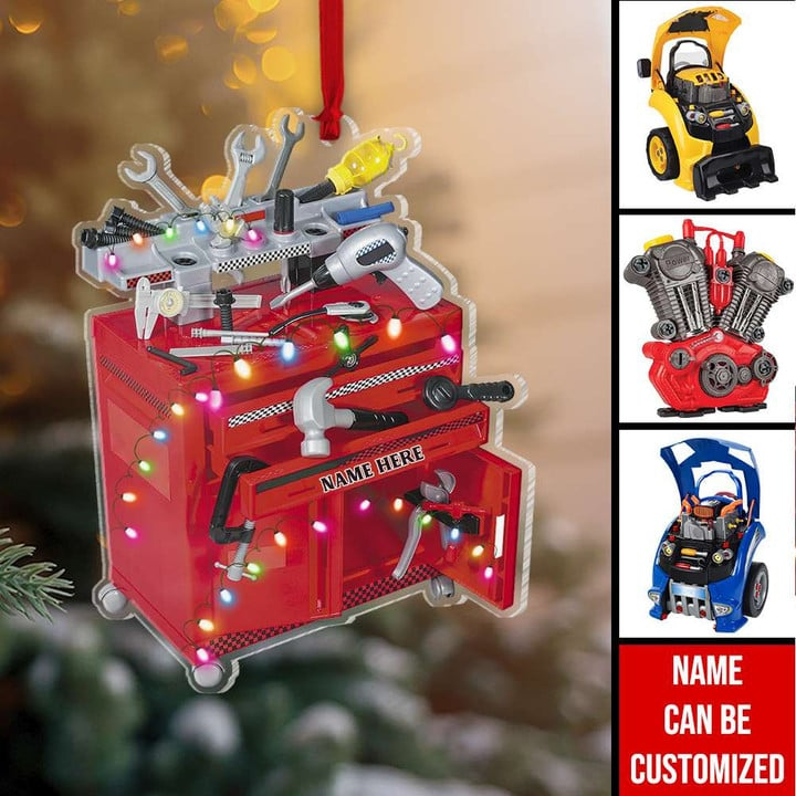 Personalized Racing Toy Tool Box & Engine Block Acrylic Ornament, Custom Christmas Ornament Gifts For Mechanic, Racer