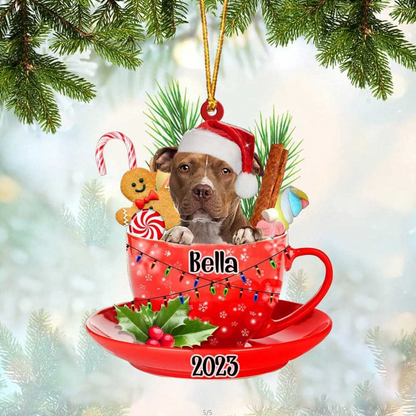 Customized Brown Pitbull Dog In Cup Acrylic Ornament, Personalized Ornament Gifts For Christmas Dog Mom