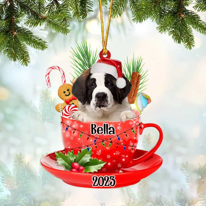 Customized Cute Saint Bernard Dog Santa Hat In Red Cup Acrylic Christmas Ornament, Christmas Acrylic Ornament for Dog Lover