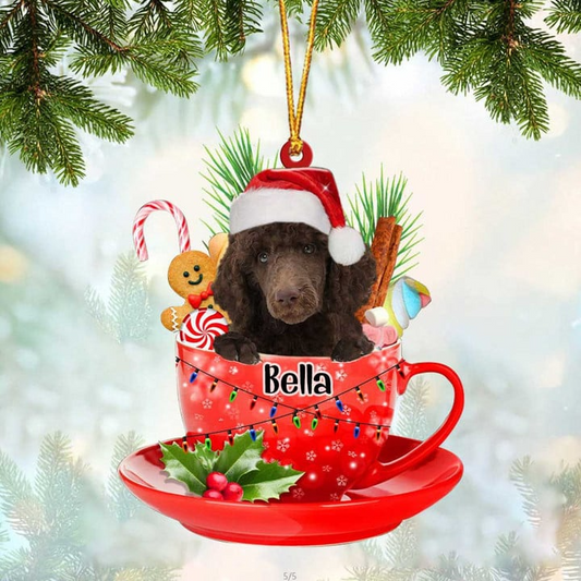 Customized Chocolate Standard Poodle & Santa Hat In Red Cup Acrylic Ornament, Personalized Gifts For Christmas Dog Mom