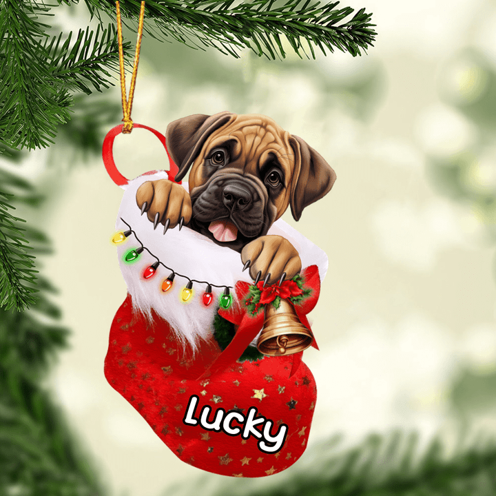 Custom Dog Acrylic Christmas Ornament, Personalized Mastiff In Stocking Christmas Acrylic Ornament for Dog Lover, New Year