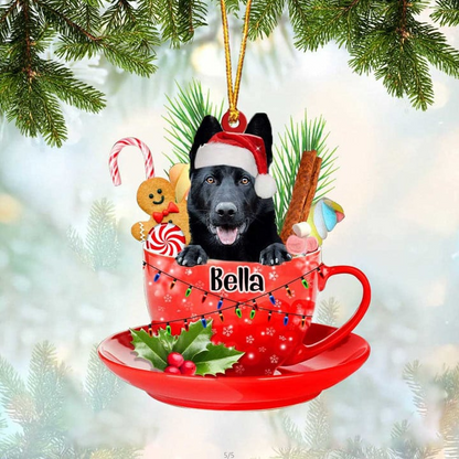 Customized Black German Shepherd In Red Cup Acrylic Ornament, Personalized Gifts For Christmas Dog Mom