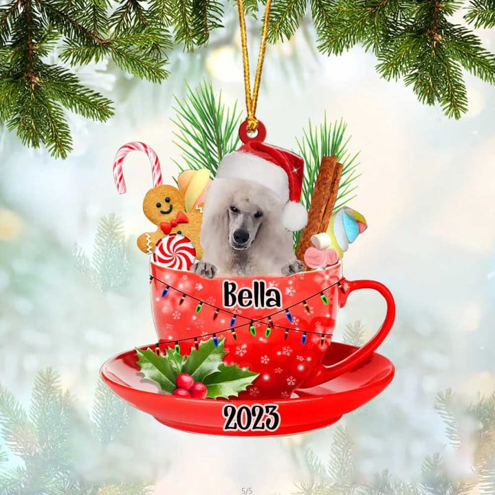 Customized Cute White Standard Poodle Dog Santa Hat In Red Cup Acrylic Ornament, Christmas Gift Ornament for Dog Lover