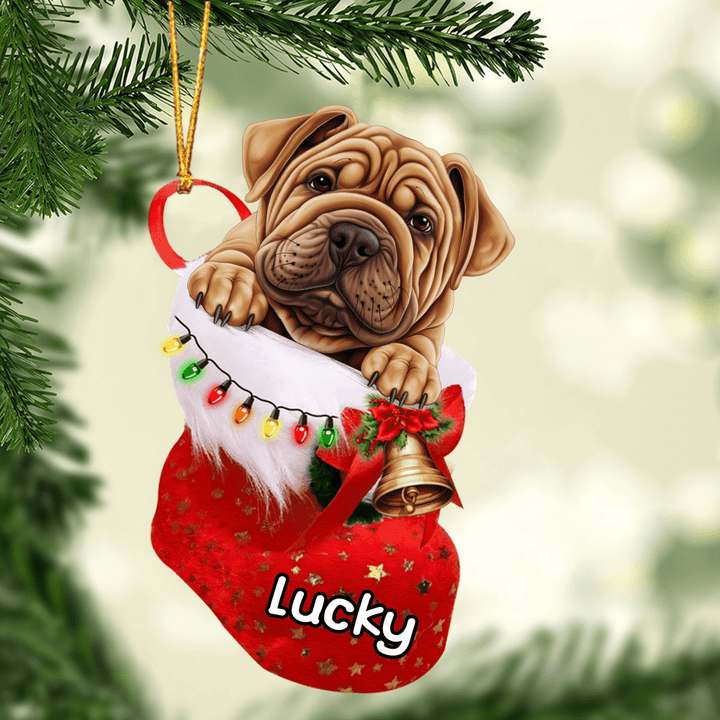 Customized Shar Pei Dog In Christmas Stocking Acrylic Ornament, Christmas Gifts Ornament for Dog Lover