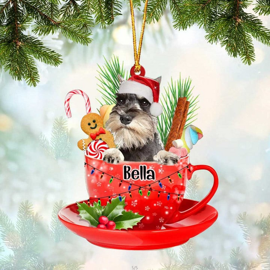 Customized Grey Miniature Schnauzer Dog Santa Hat In Red Cup Acrylic Ornament, Personalized Gifts For Christmas Dog Mom