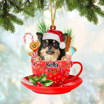 Customized Chihuahua Long Haired & Santa Hat In Red Cup Acrylic Ornament, Personalized Gifts For Christmas Dog Mom