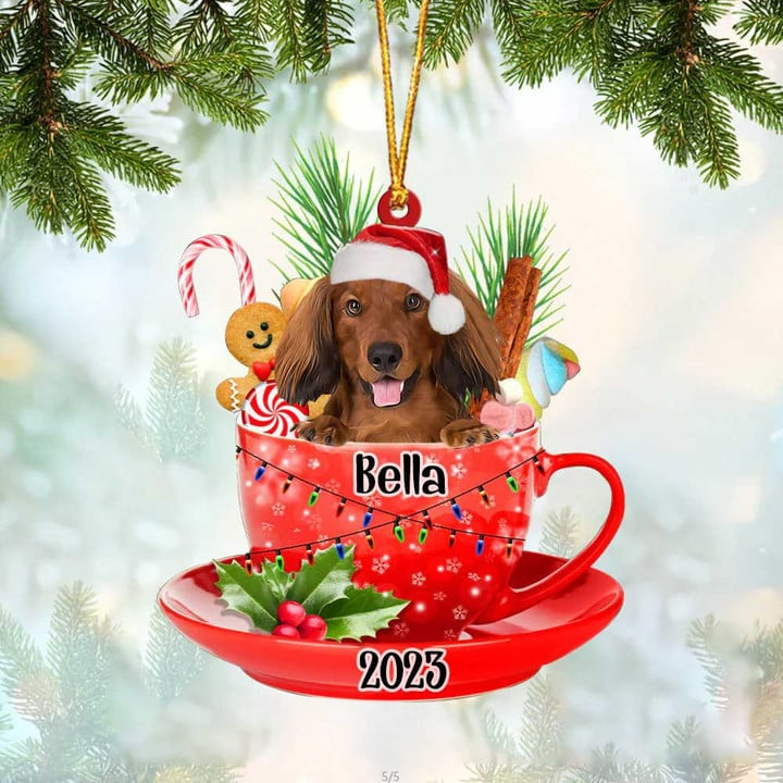 Customized Red Long Haired Dachshund Dog Santa Hat In Red Cup Acrylic Ornament, Christmas Gifts Ornament for Dog Mom