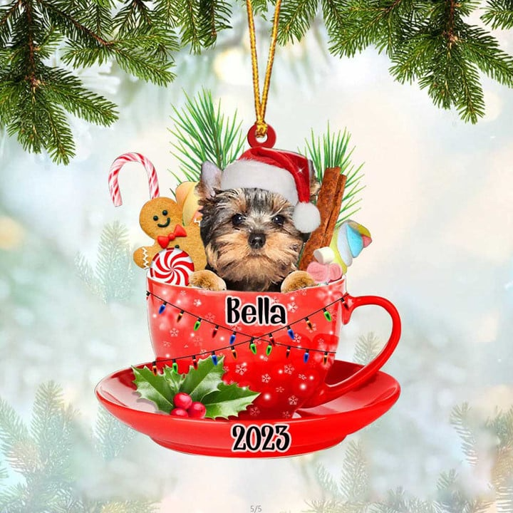 Customized Yorkshire Terrier In Red Cup Acrylic Ornament, Personalized Ornament Gifts For Christmas Dog Mom