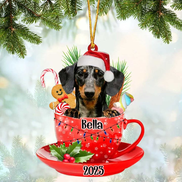 Customized Cute Dapple Dachshund Dog Santa Hat In Red Cup Acrylic Ornament, Christmas Gifts Ornament for Dog Lover