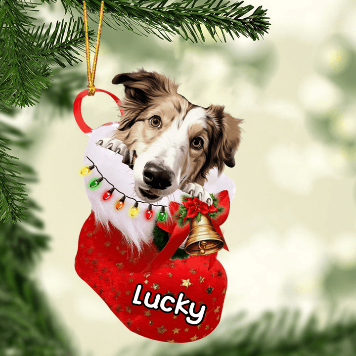 Personalized Borzoi In Christmas Stocking Acrylic Ornament, Christmas Gifts Ornament for Dog Lover