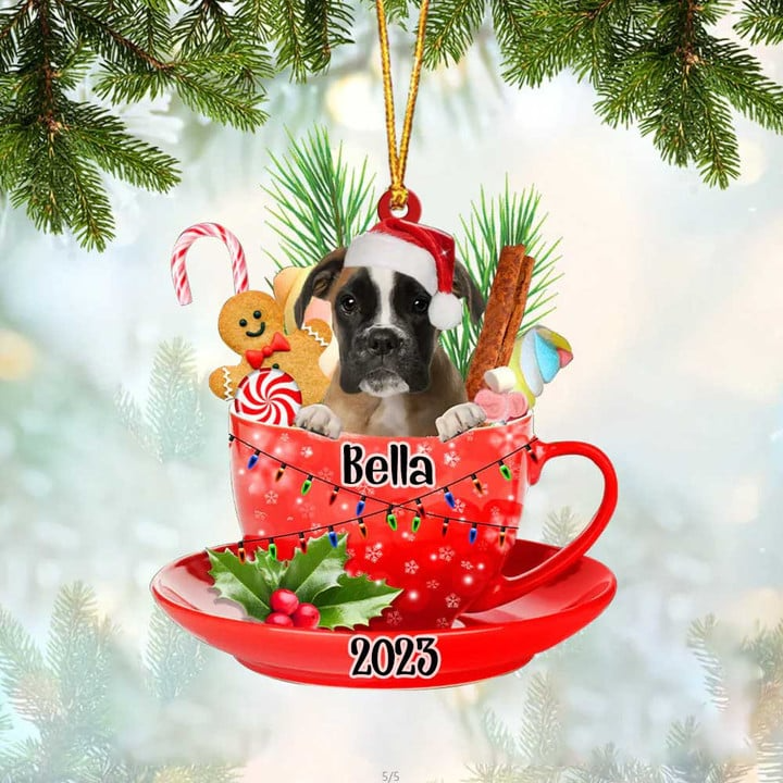 Customized Brown Boxer Dog Santa Hat In Red Cup Acrylic Ornament, Personalized Ornament Gift For Christmas