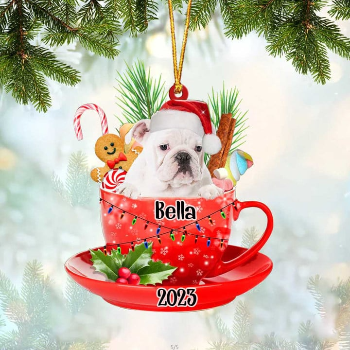 Customized Awesome White English Bulldog & Santa Hat In Red Cup Acrylic Ornament, Personalized Gift For Christmas Dog Mom