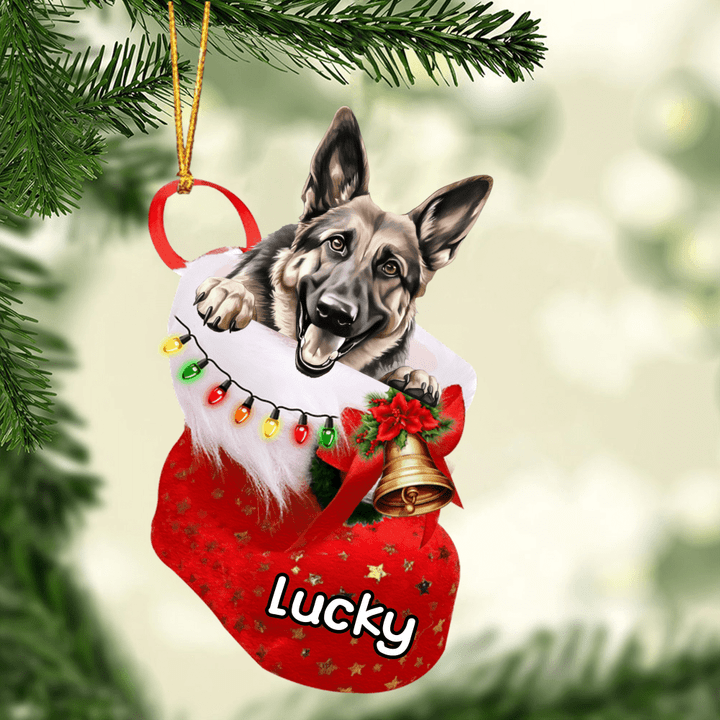 Customized Cute German Shepherd Dog In Christmas Stocking Acrylic Ornament, Christmas Gifts Ornament for Dog Lover