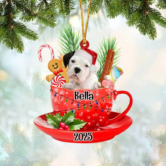 Customized White Boxer Dog In Cup Acrylic Ornament, Personalized Ornament Gifts For Christmas Dog Mom