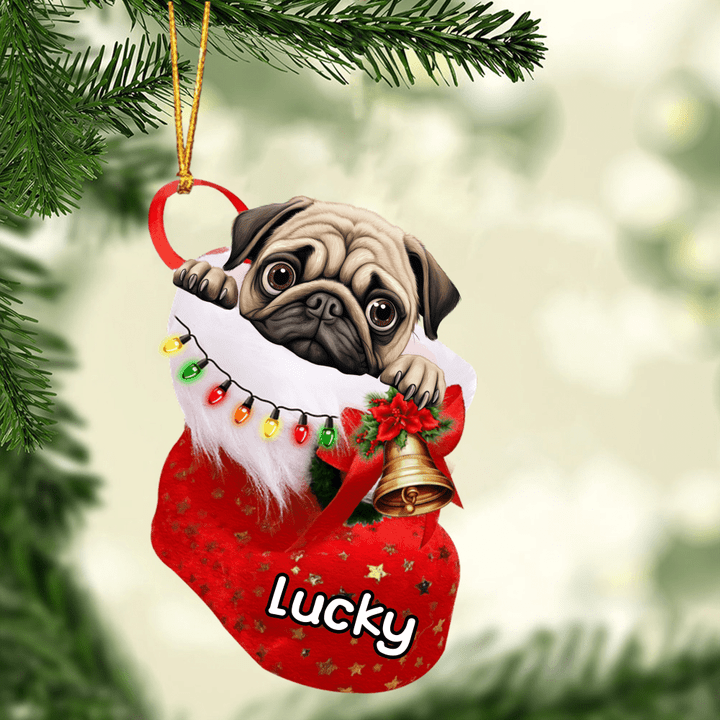 Customized Cute Pug Dog In Christmas Stocking Acrylic Ornament, Christmas Gifts Ornament for Dog Lover