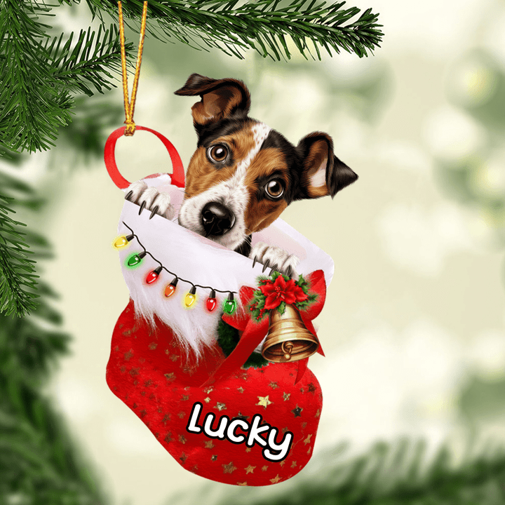 Customized Smooth Fox Terrier Dog In Christmas Stocking Acrylic Ornament, Christmas Gifts Ornament for Dog Lover