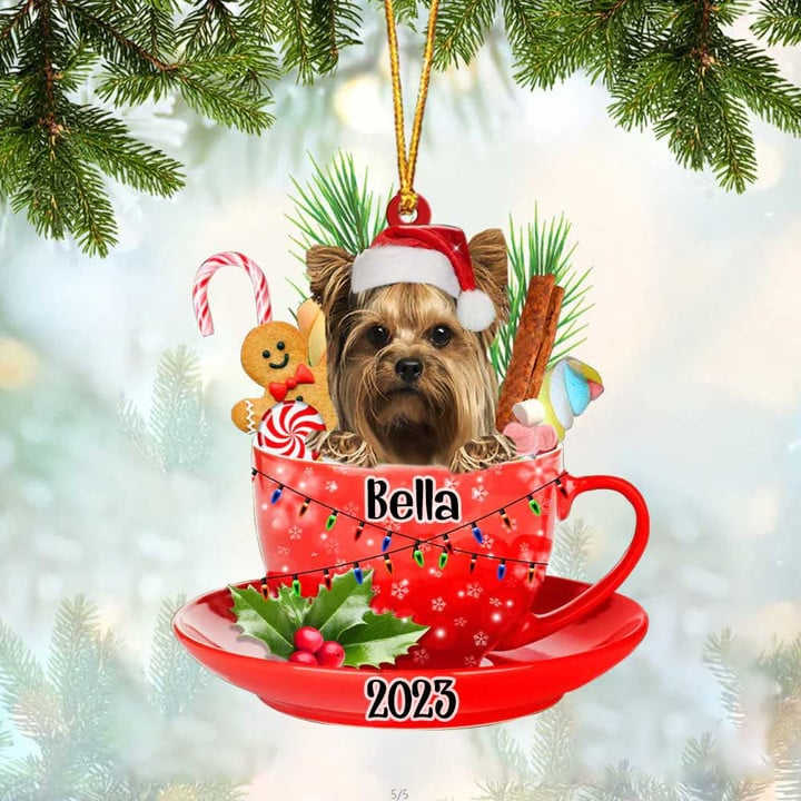 Customized Awesome Yorkshire Dog Santa Hat In Red Cup Acrylic Ornament, Christmas Gifts Ornament for Dog Lover