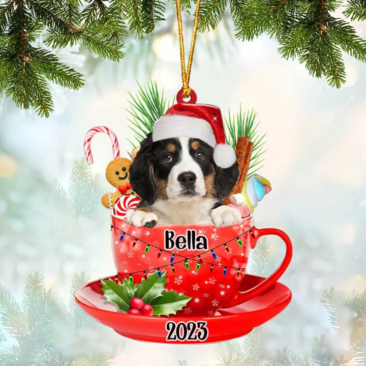 Customized Bernese Mountain & Santa Hat In Red Cup Acrylic Ornament, Christmas Gifts Ornament for Dog Lover