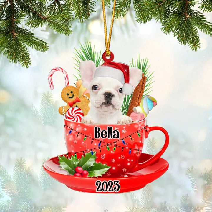 Personalized Name Awesome White French Bulldog Dog Santa Hat In Red Cup Acrylic Ornament, Christmas Gifts Ornament for Dog Lover