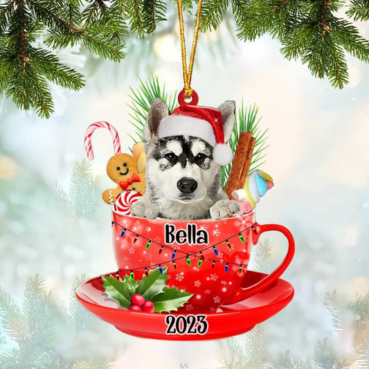 Customized Alaskan Malamute Dog Santa Hat In Red Cup Acrylic Ornament, Christmas Gifts Ornament for Dog Lover