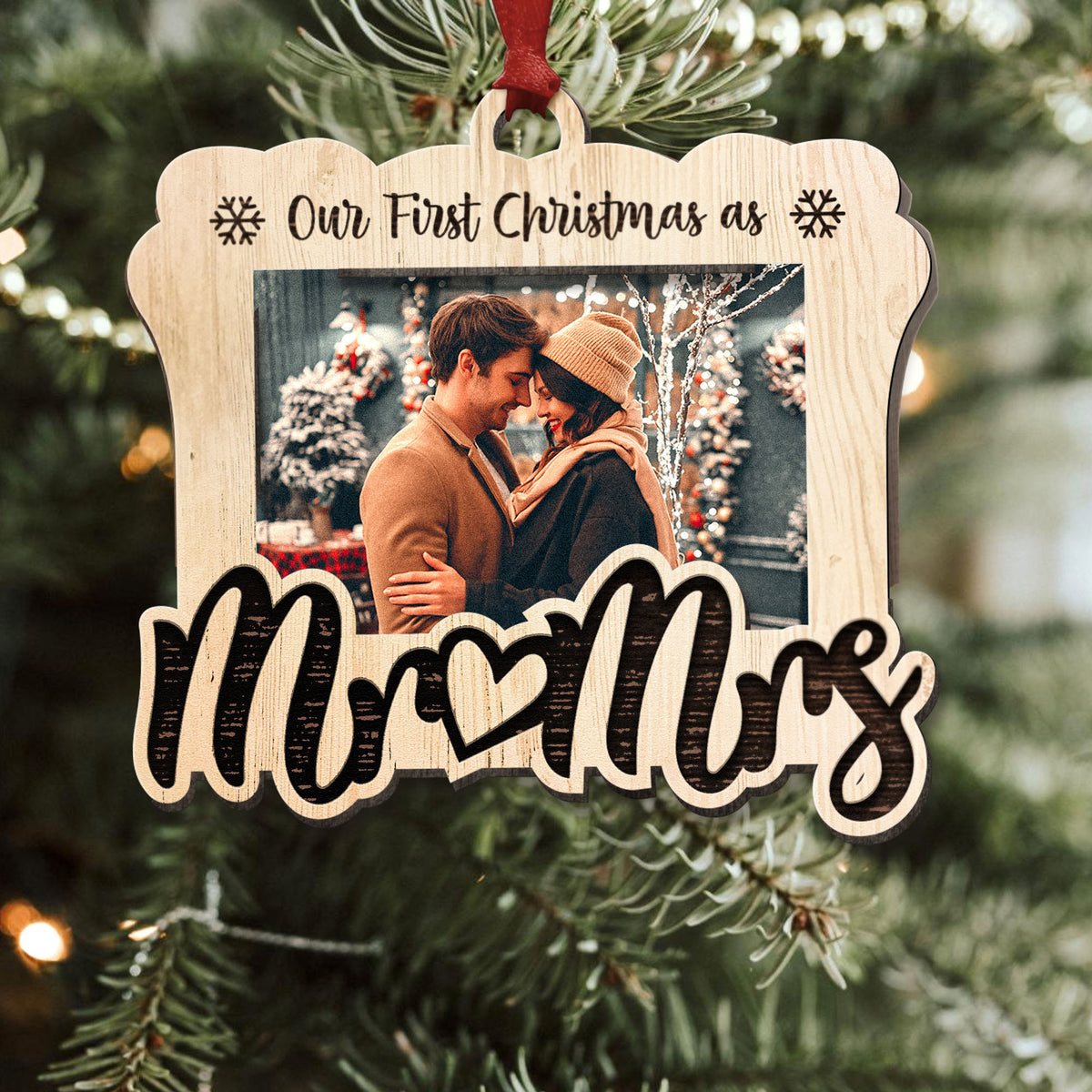 Custom Couple Photo Double Layered Wood Ornament Our First Christmas As Mr & Mrs, Meaningful Gift For Couple, Newlyweds