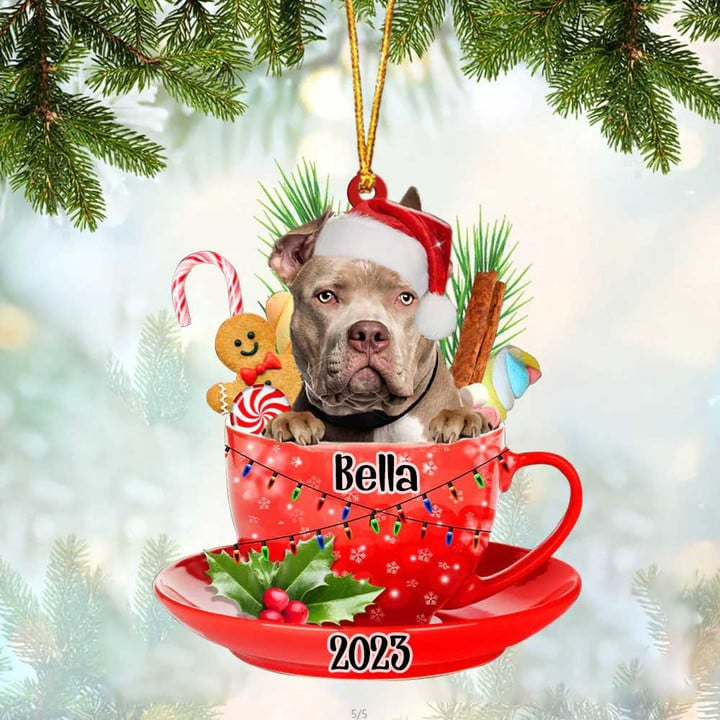 Customized Cute American Bully Dog Santa Hat In Red Cup Acrylic Ornament, Christmas Gifts Ornament for Dog Lover