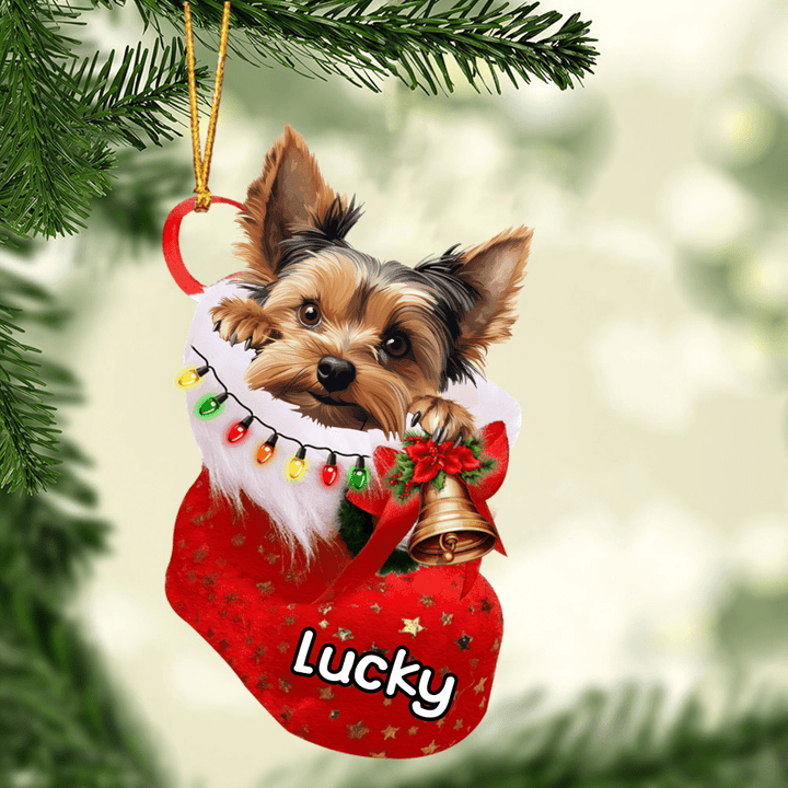 Customized Yorkshire Terrier Dog In Christmas Stocking Acrylic Ornament, Christmas Gifts Ornament for Dog Lover